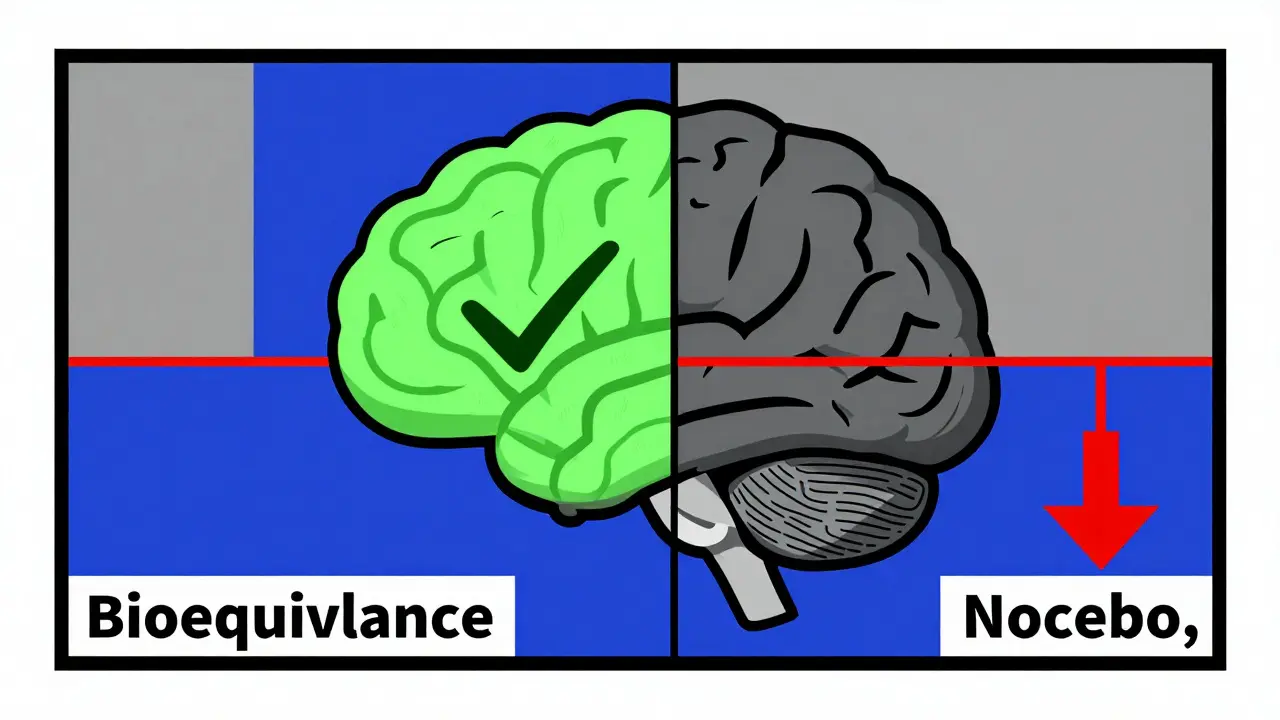 Human brain split between bioequivalence and nocebo effects, rendered in De Stijl geometric style.