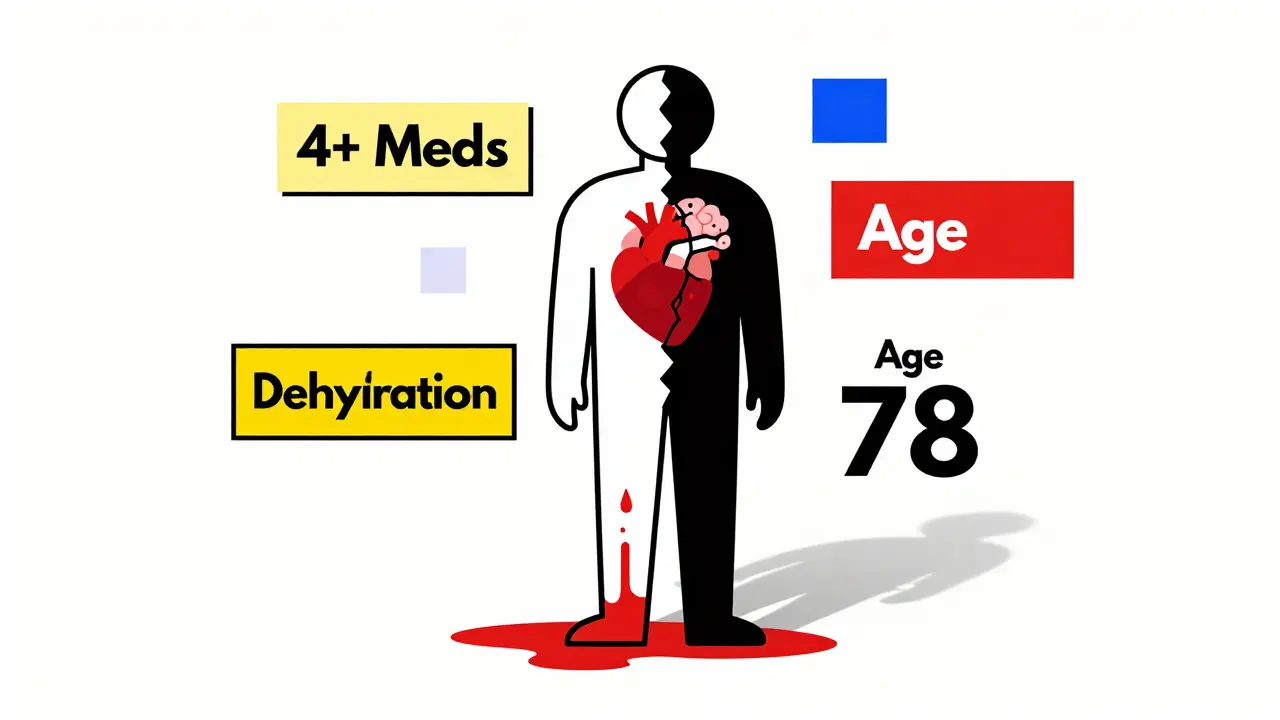 Human figure with internal schematic of heart, brain, and pooled blood, surrounded by labels for risk factors in bold shapes.