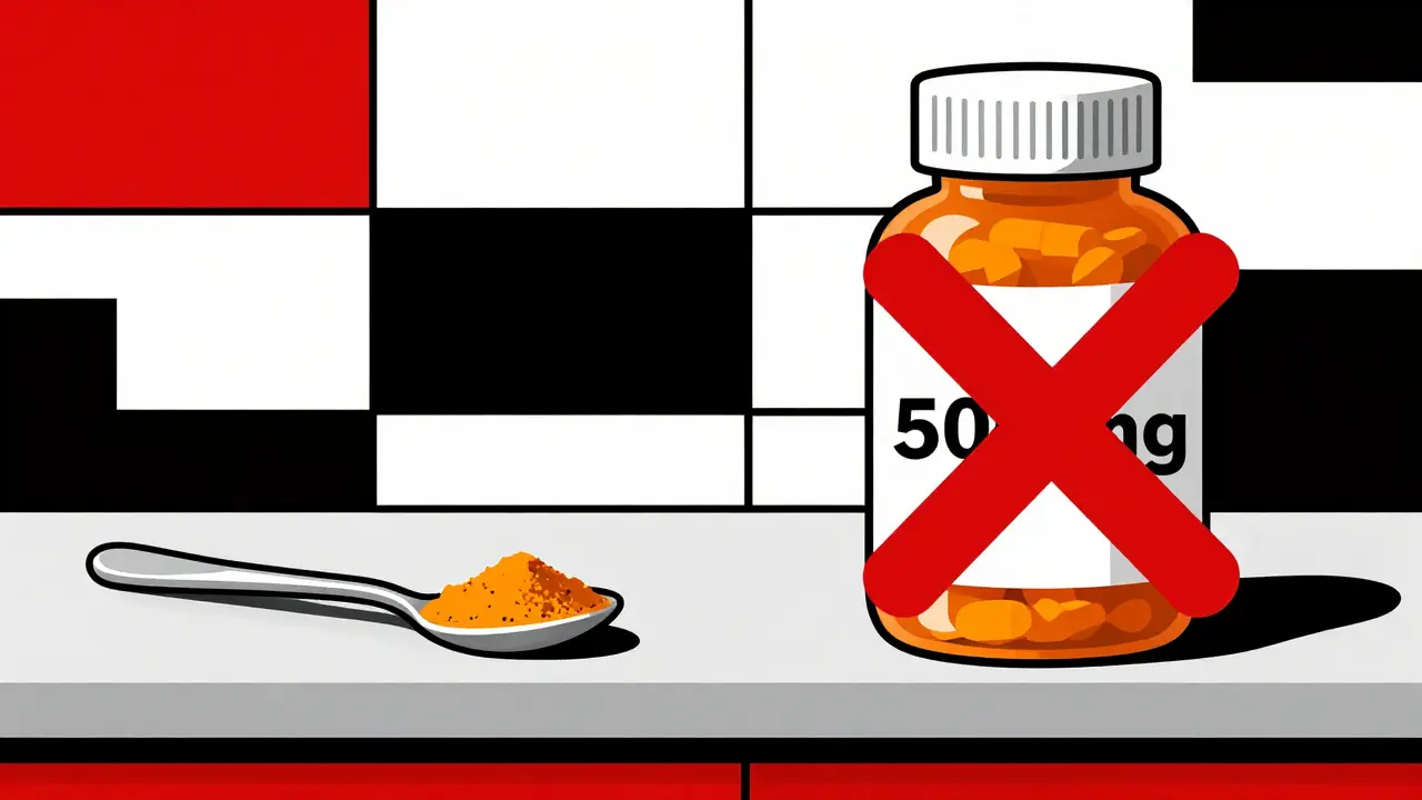 Kitchen counter with a small spoon of turmeric and a large capped bottle with a red X, in De Stijl abstract style.