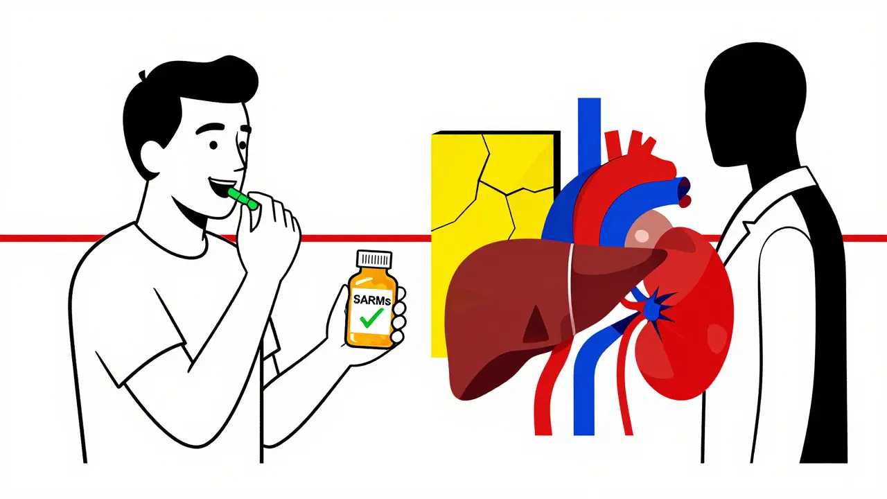 Man taking SARMs pill while internal organs turn into abstract shapes