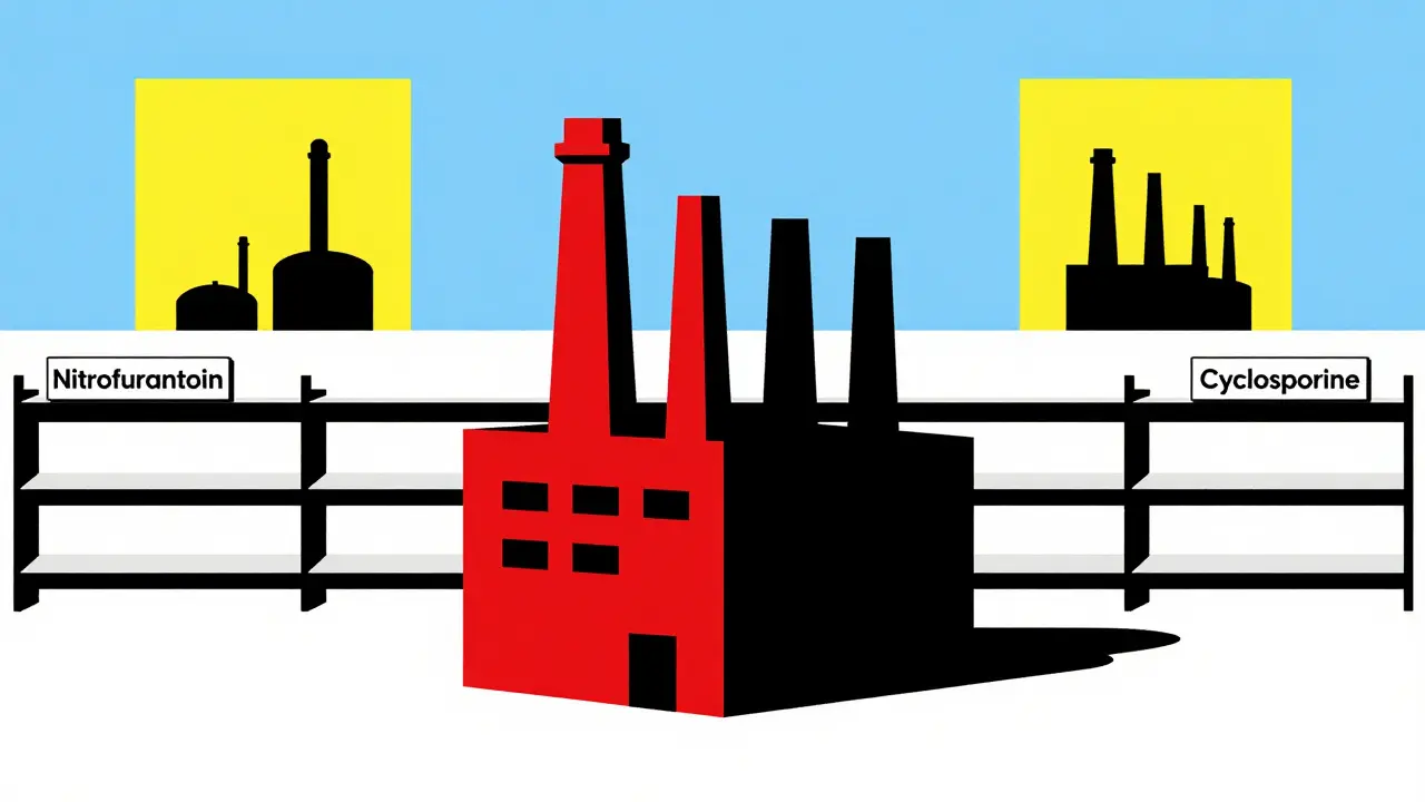 One empty drug factory among others in abstract red, black, and yellow blocks, symbolizing supply shortages and market consolidation.