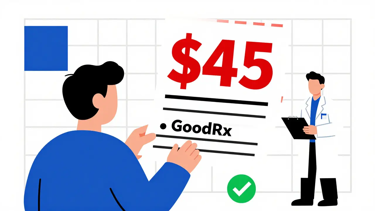 Patient facing a giant price tag while a pharmacist offers a cheaper alternative, rendered in minimalist De Stijl geometric style.