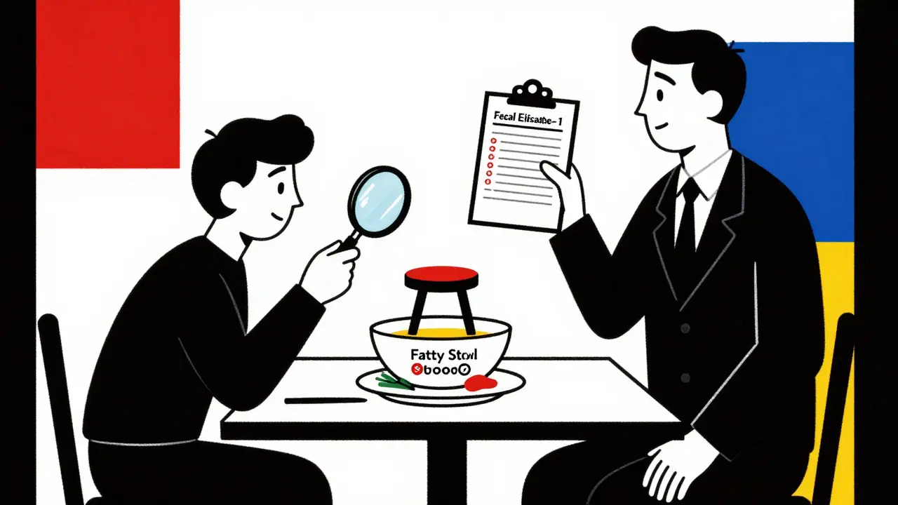 Person examining floating stool with doctor holding test result, all in De Stijl geometric style.