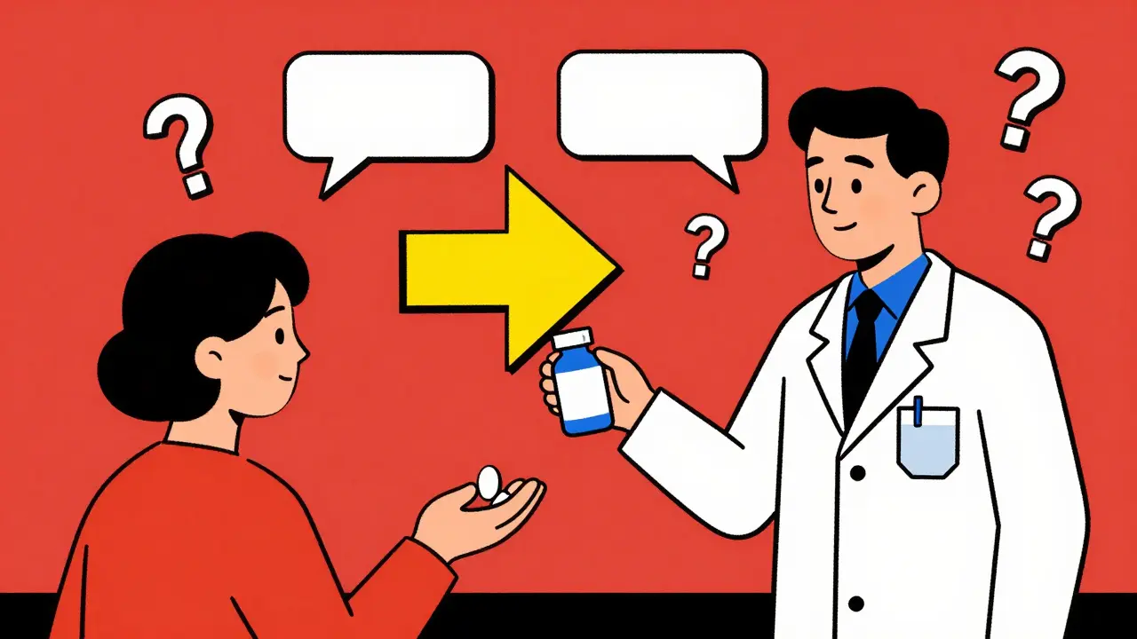 Pharmacist handing generic pill to patient, with geometric arrow showing brand-to-generic transition.