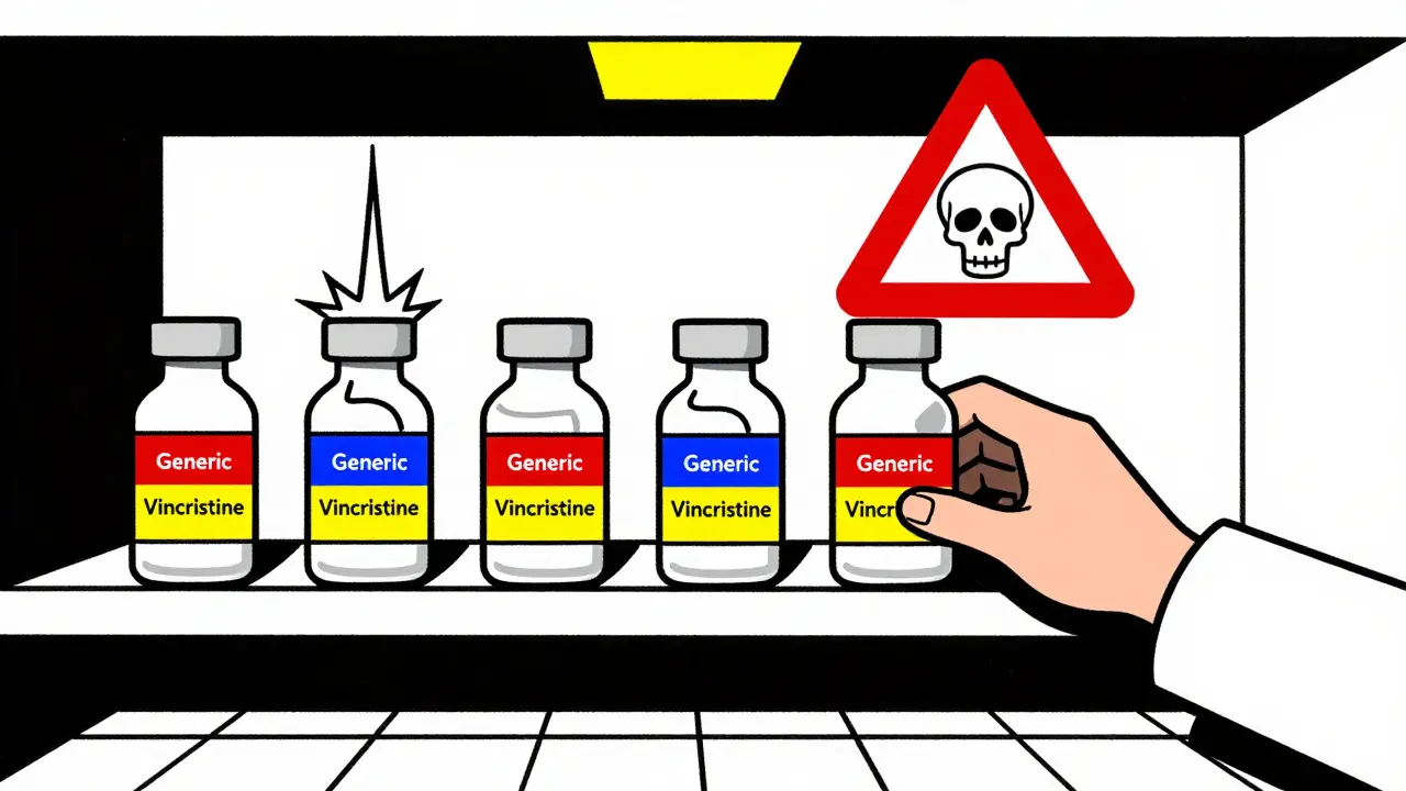Pharmacy shelves with generic vincristine vials, one emitting warning spikes, under a bold red triangle symbol.