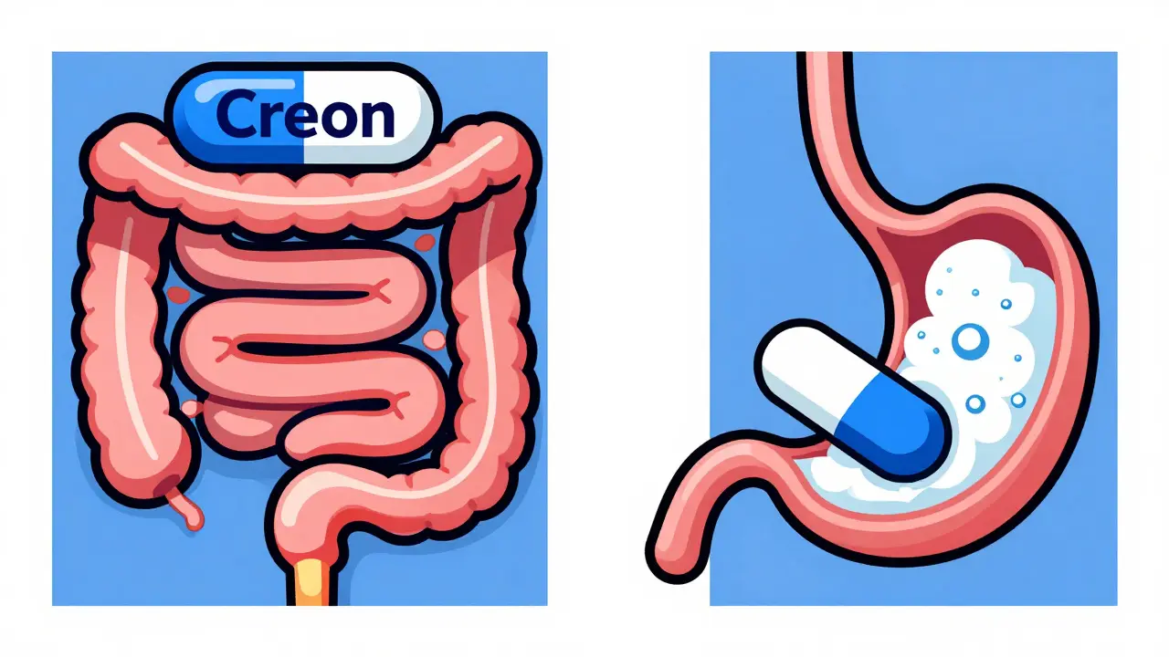 Prescription enzyme working in intestine vs. OTC enzyme dissolving uselessly in stomach, shown in De Stijl abstraction.