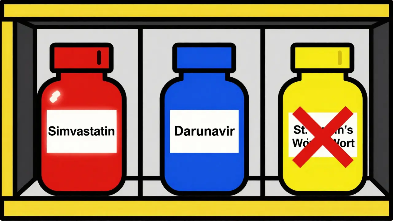 Primary-colored drug bottles arranged in a grid with warning symbols showing dangerous interactions.