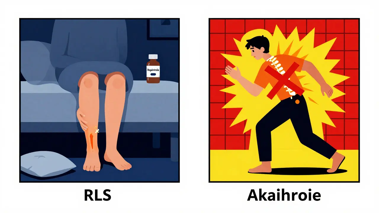 Side-by-side scenes: one showing nighttime leg discomfort with soft curves, another showing daytime frantic pacing with sharp angles and warning colors.