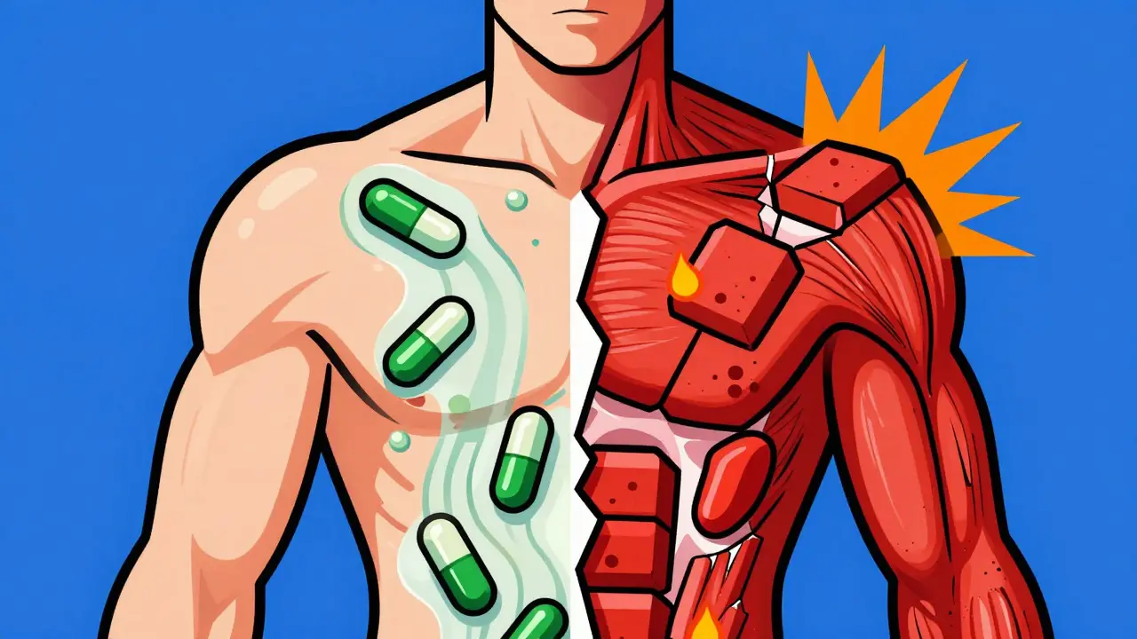 Split-body illustration: safe water-soluble statins vs. dangerous fat-soluble statins in De Stijl style.