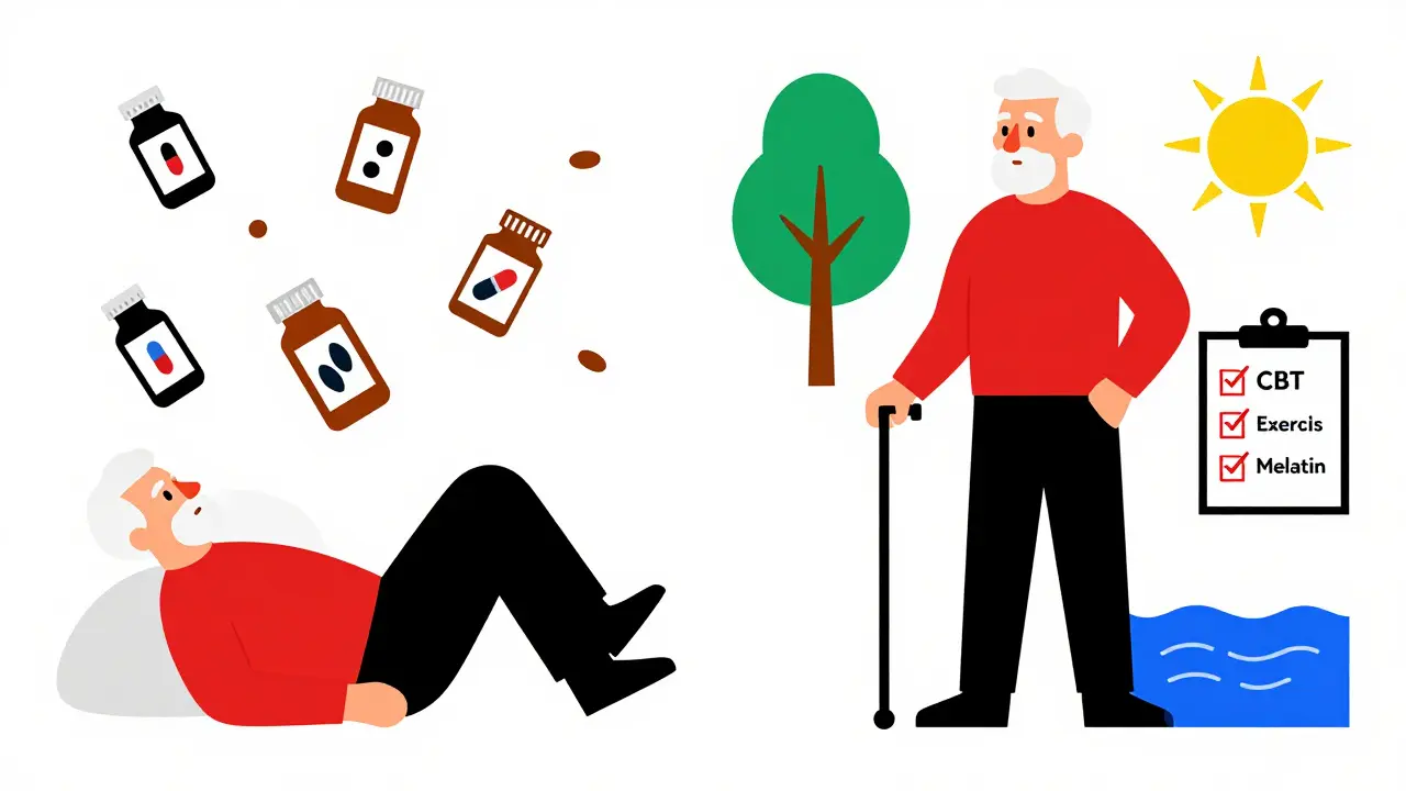 Split image: senior falling among pills vs. standing safely with health alternatives in bold colors.