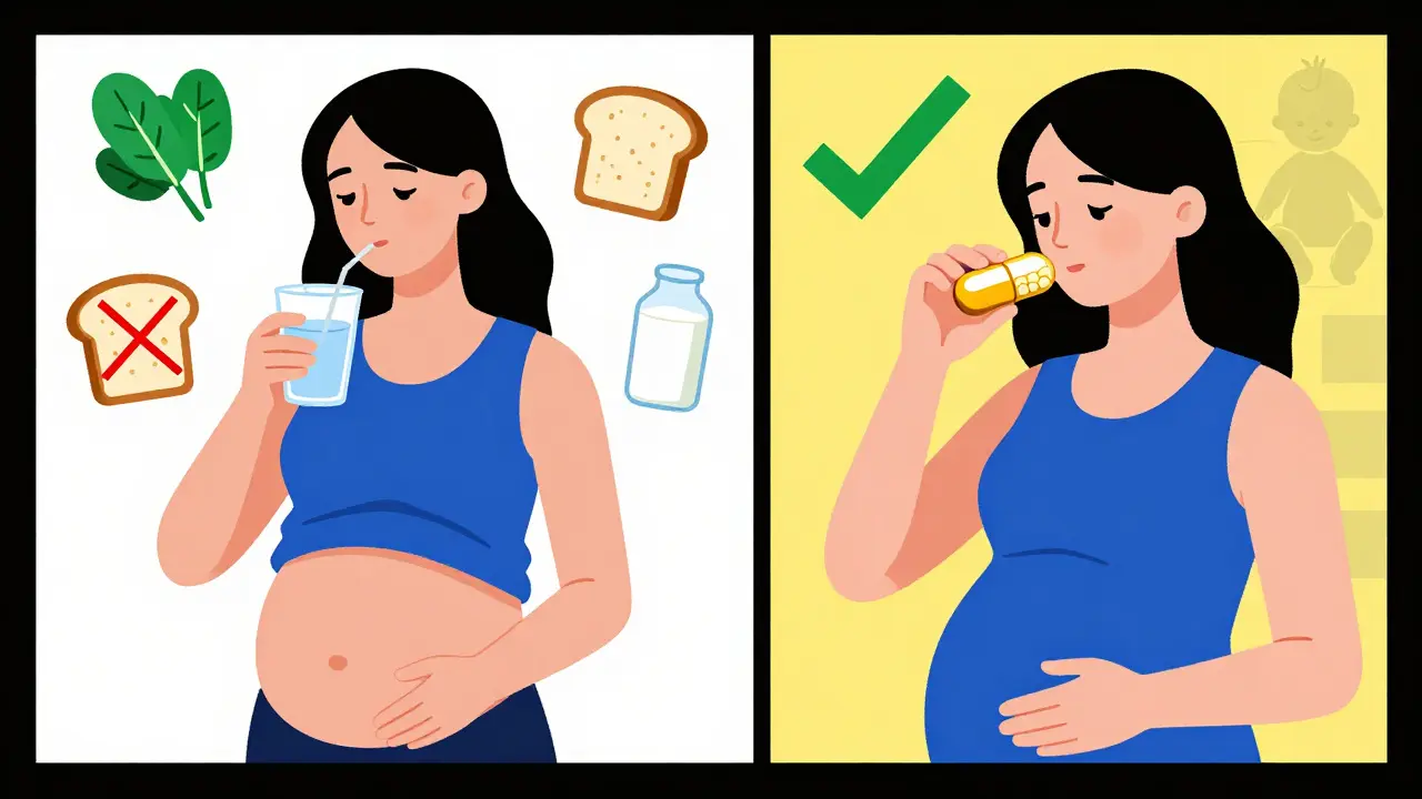 Split scene: left shows prenatal vitamin with crossed-out foods, right shows L-methylfolate capsule with a checkmark and baby silhouette.