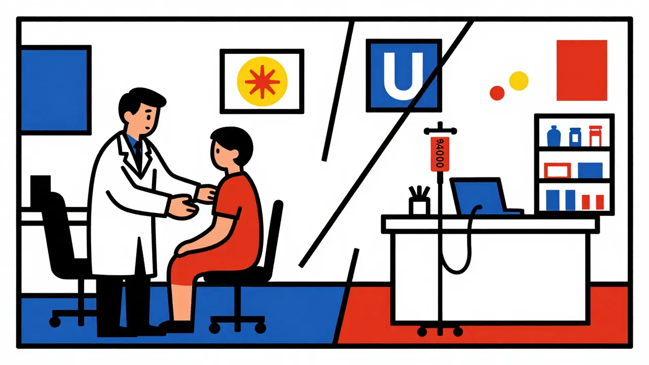 Split scene of a medical infusion before and after price negotiation in De Stijl style.
