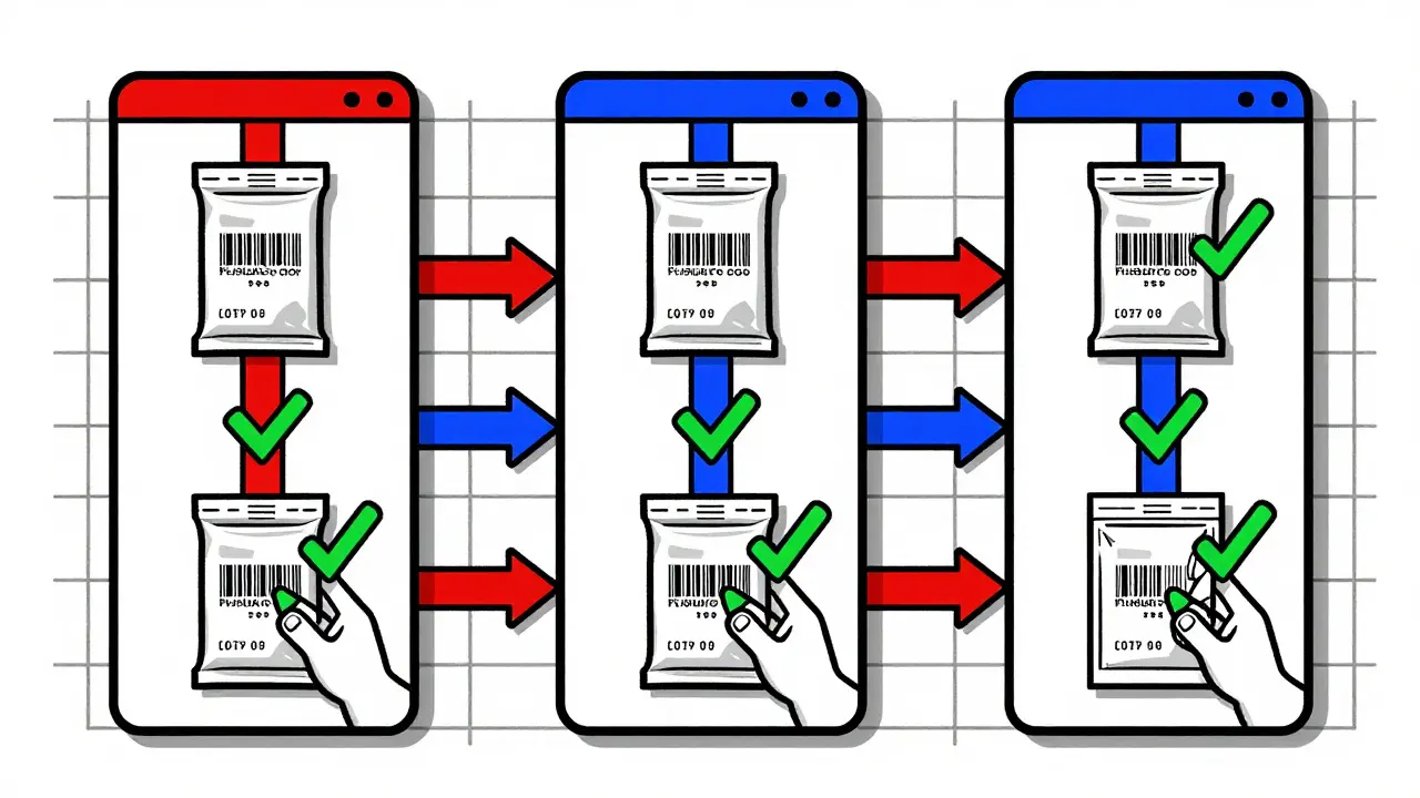 Supply chain journey with scanned drug packages and checkmarks in bold red, black, and blue grid lines.