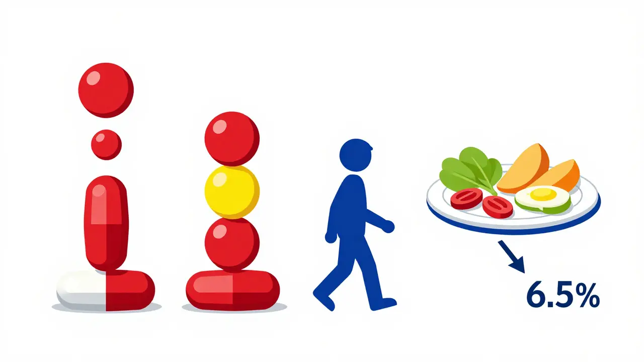 Three pills being removed step by step, replaced by healthy food and walking figure.