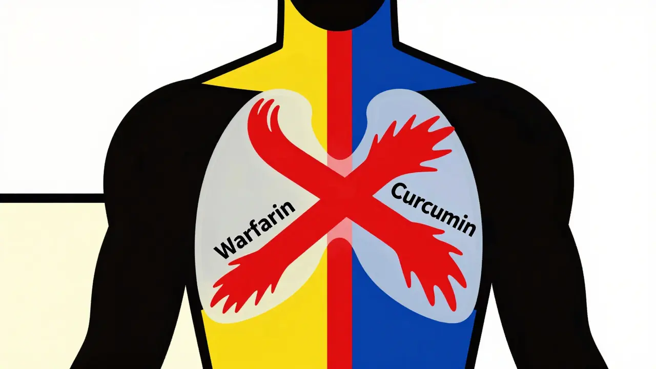 Transparent human torso with conflicting red blood flow paths from warfarin and curcumin, rendered in primary colors and lines.