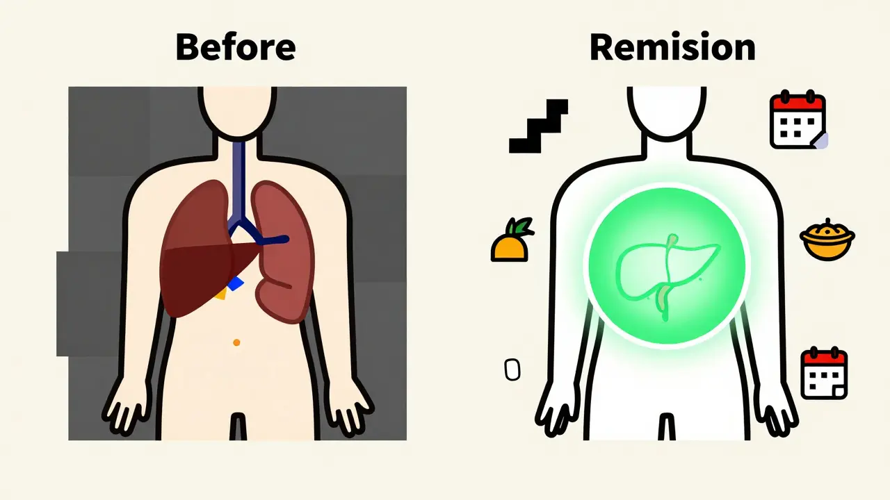 Two abstract figures: one burdened, one free, with glowing pancreas in remission.