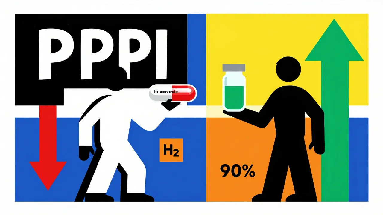 Two figures comparing itraconazole capsule vs solution with PPI and H2 blocker effects in primary colors.