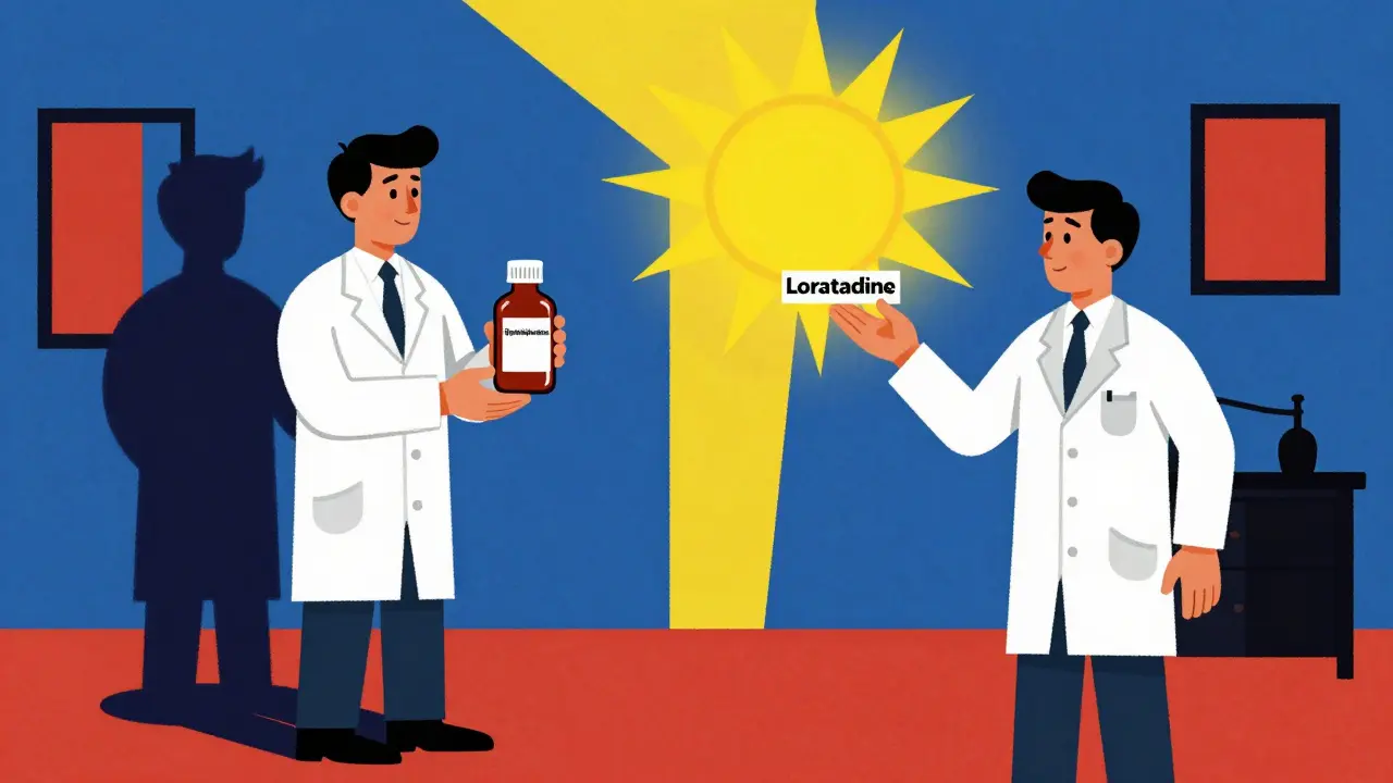 Two medicine bottles side by side: one causing darkness, the other a bright light, depicted in bold primary colors and straight lines.