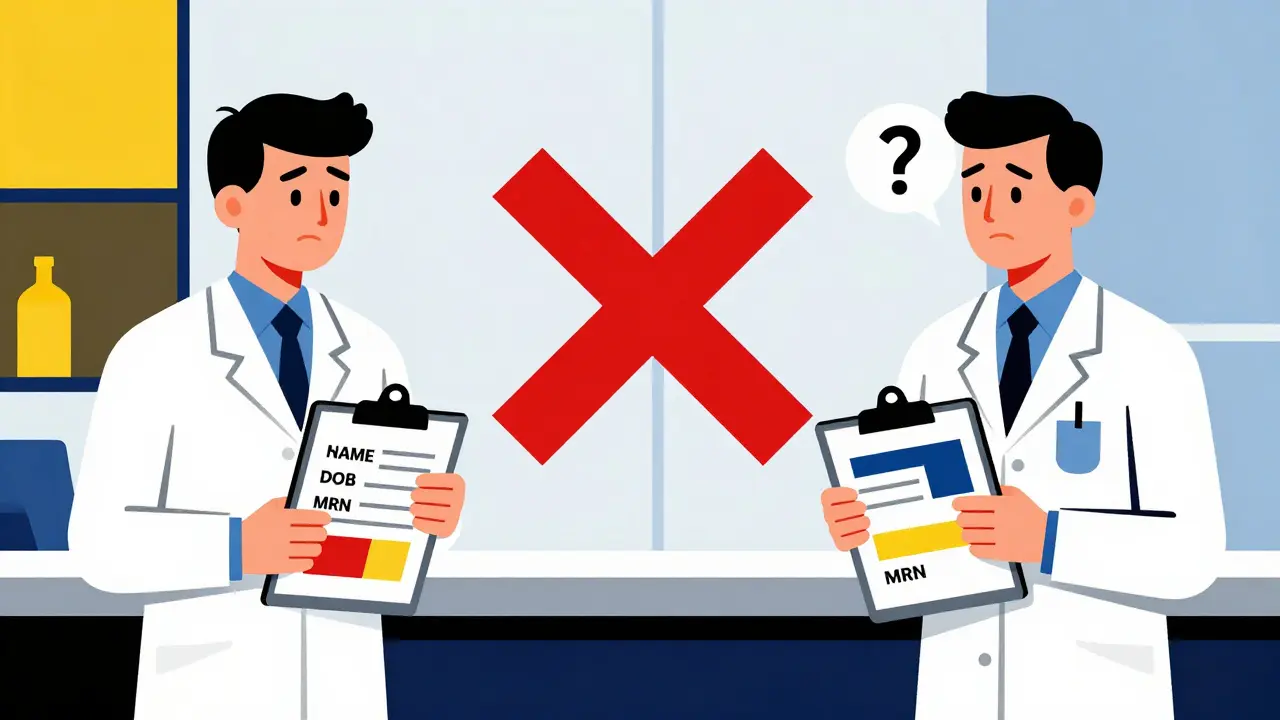 Two pharmacy staff verifying patient IDs with geometric clips, red X over confused patient in De Stijl style