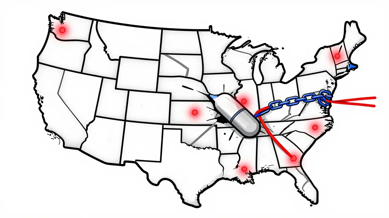 U.S. map with authorized partners glowing and counterfeit pill blocked by digital chains in De Stijl style.