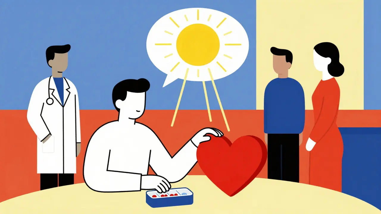 A calm figure with pill organizer and heart symbol, supported by abstract figures of care providers in De Stijl composition.