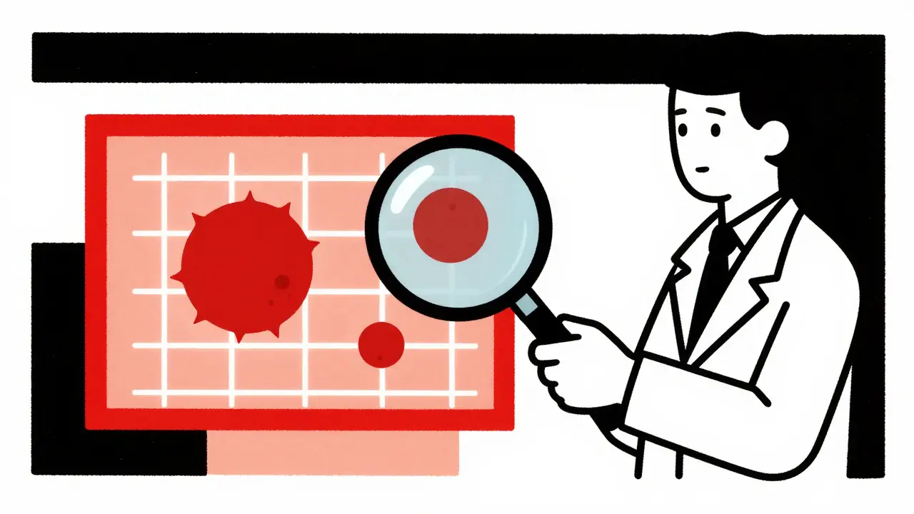 A dermatologist using a red rectangular magnifier to analyze three moles on skin, rendered in De Stijl abstract style.