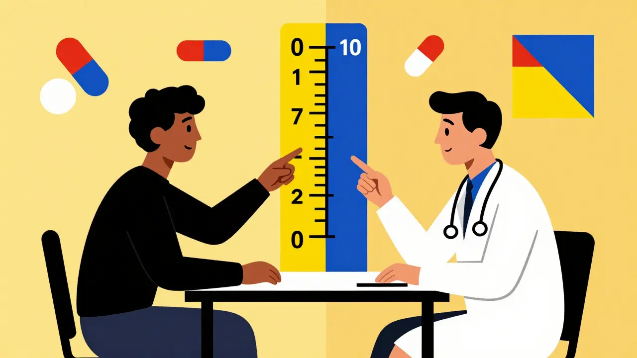 A doctor and patient communicate across a minimalist table, with colored blocks representing pain medications.