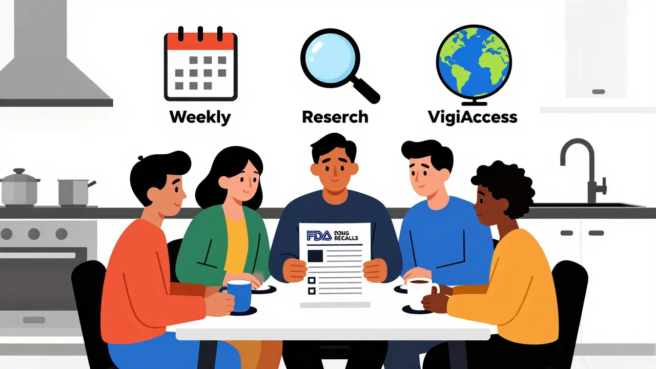 A family reviews a drug recall notice at breakfast, surrounded by icons of a calendar, magnifying glass, and globe.