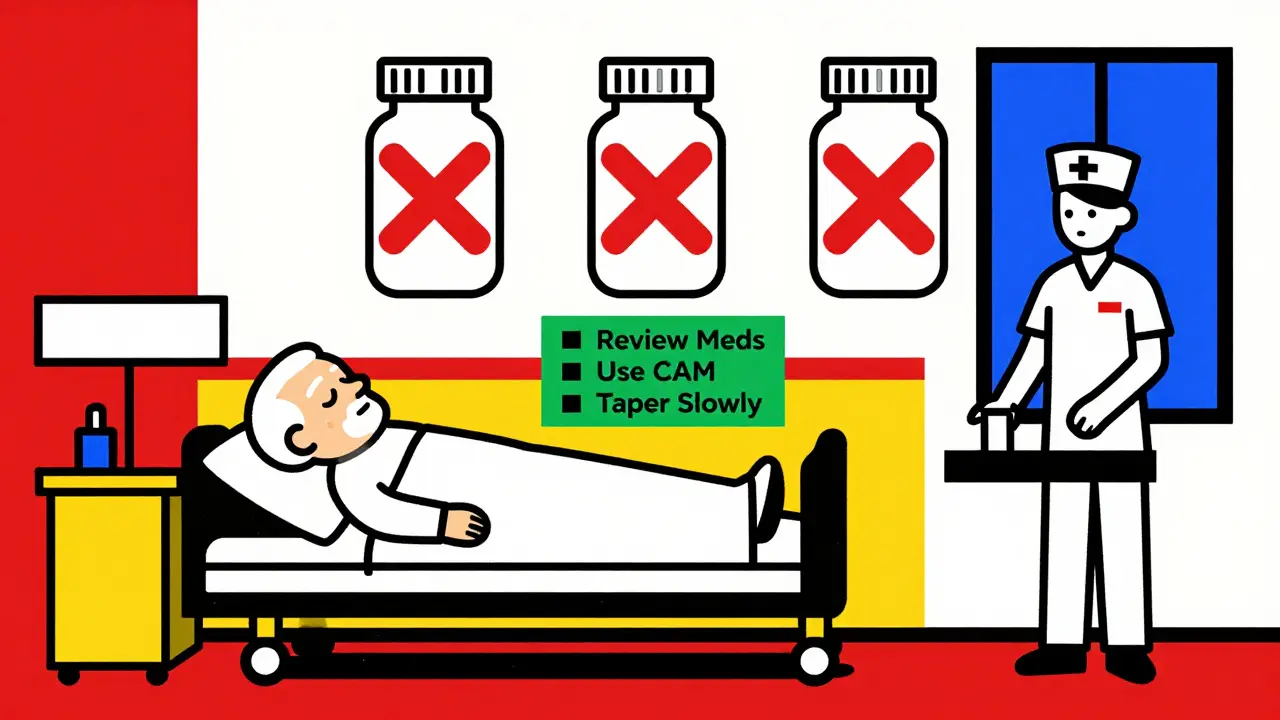 A senior in a hospital room with oversized pill bottles marked by red Xs, above a checklist of prevention steps.