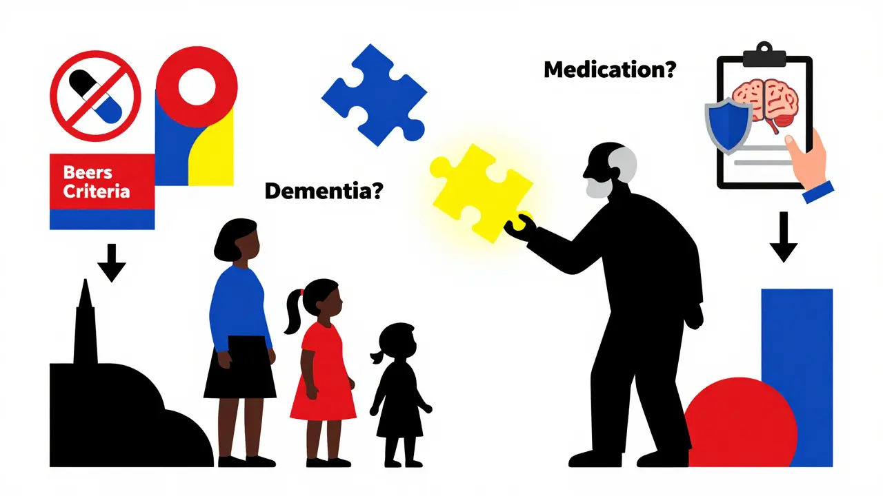 A senior’s silhouette with puzzle pieces replacing dementia with medication as the cause, surrounded by prevention icons.