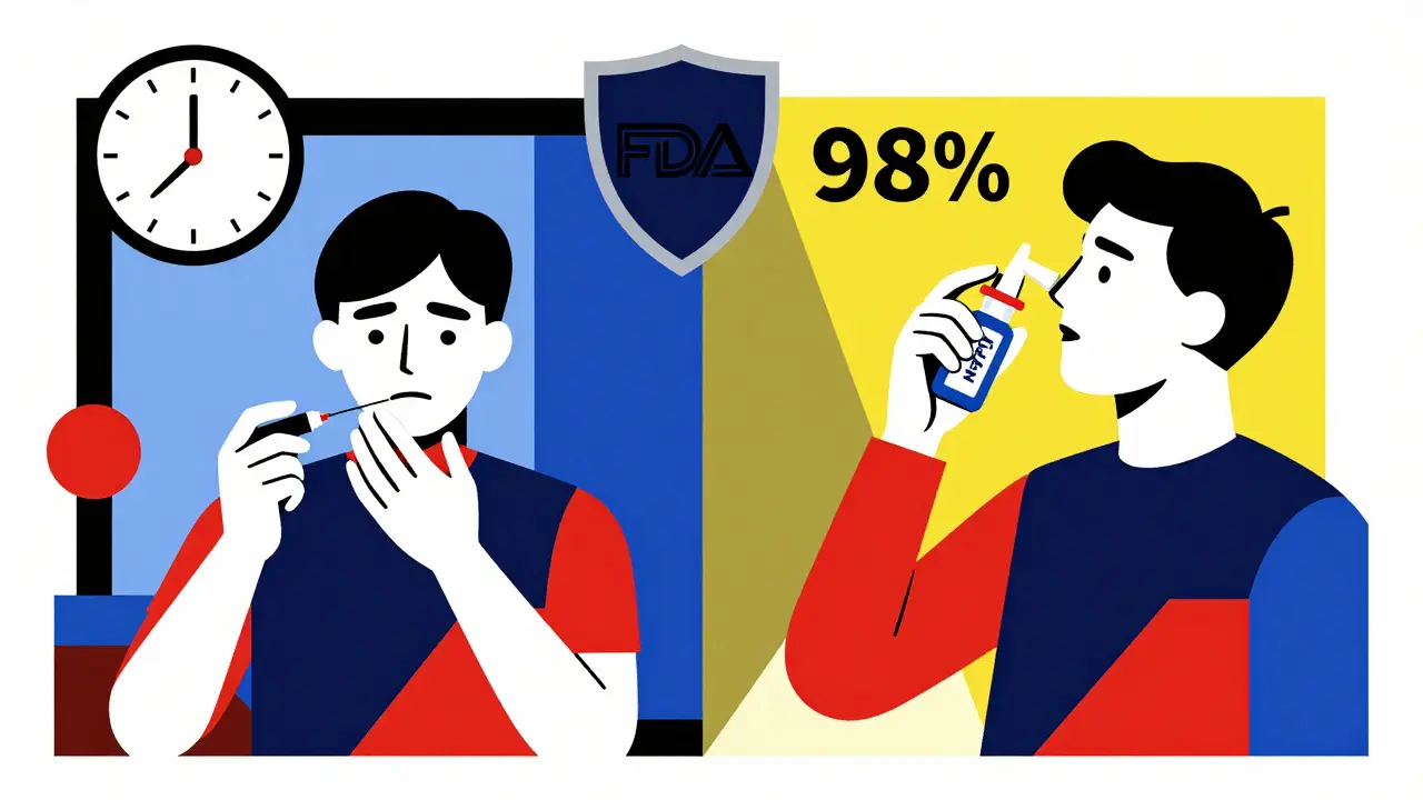 A split scene: one person struggling with a needle, another using nasal spray for allergy, both rendered in bold red, black, and yellow shapes.