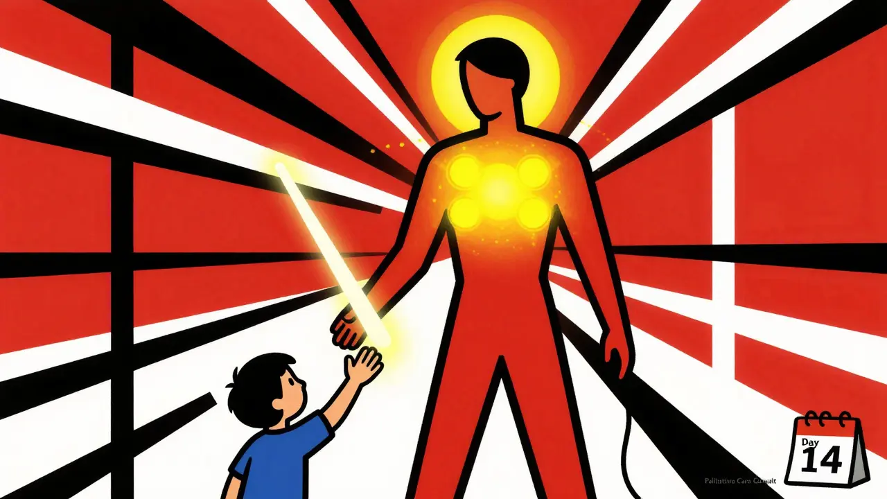 An abstract figure radiates relief and connection, symbolizing hope and palliative care in geometric De Stijl style.