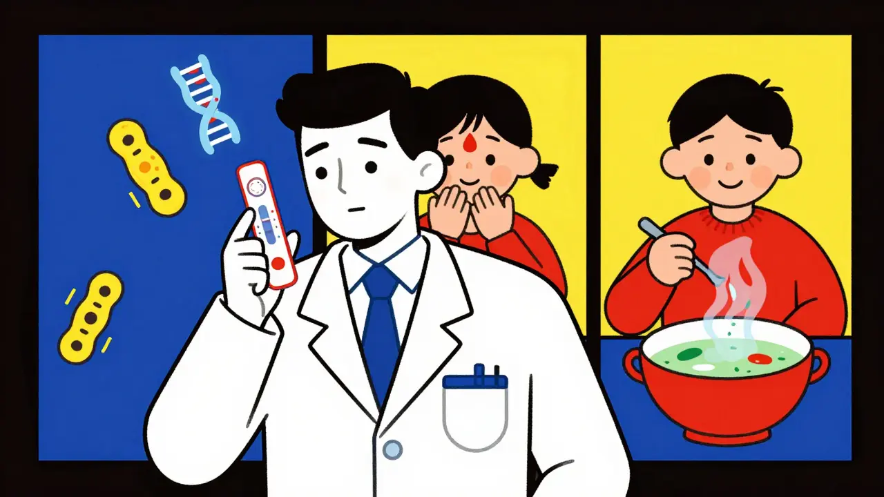 Doctor using rapid strep test with DNA bacteria and recovery timeline shown in bold geometric colors.