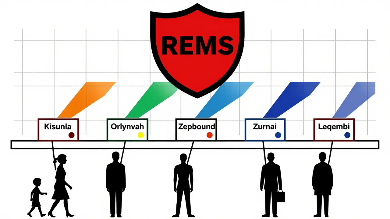 Five new drugs on a shelf, each emitting colored beams, with a REMS shield above and diverse patient figures below in De Stijl style.