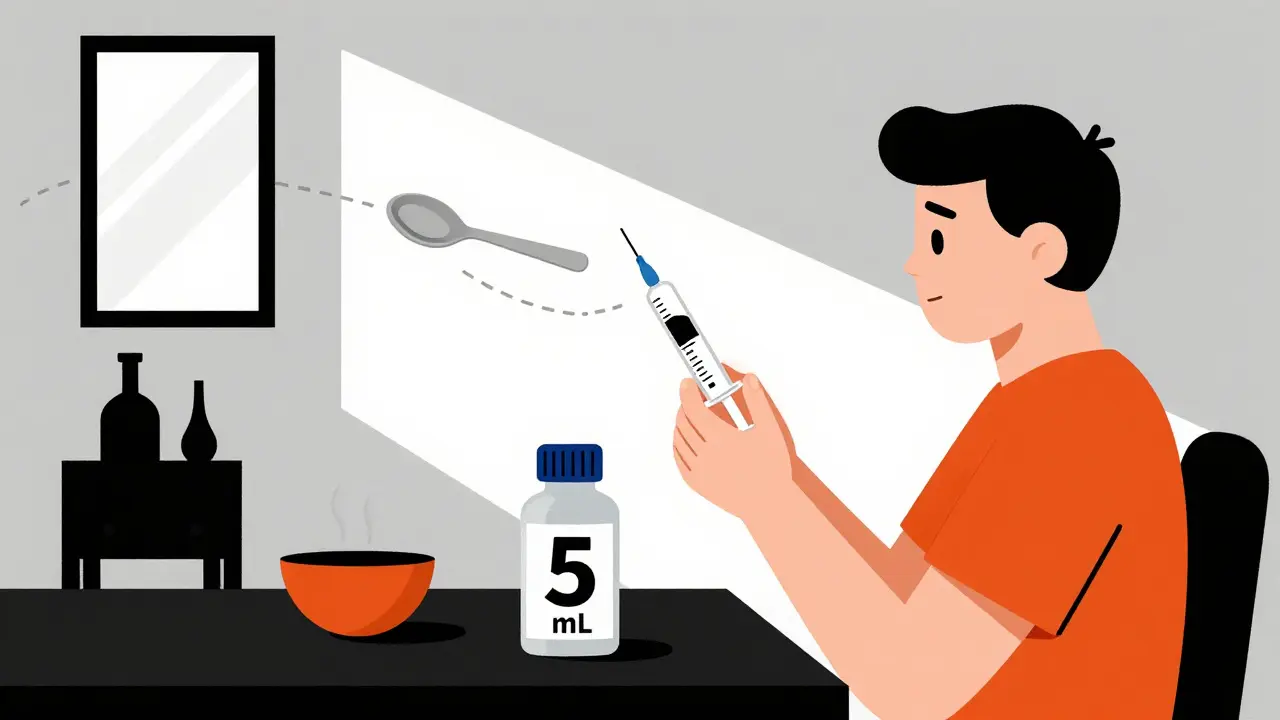 Patient using a syringe to measure medicine instead of a kitchen spoon.