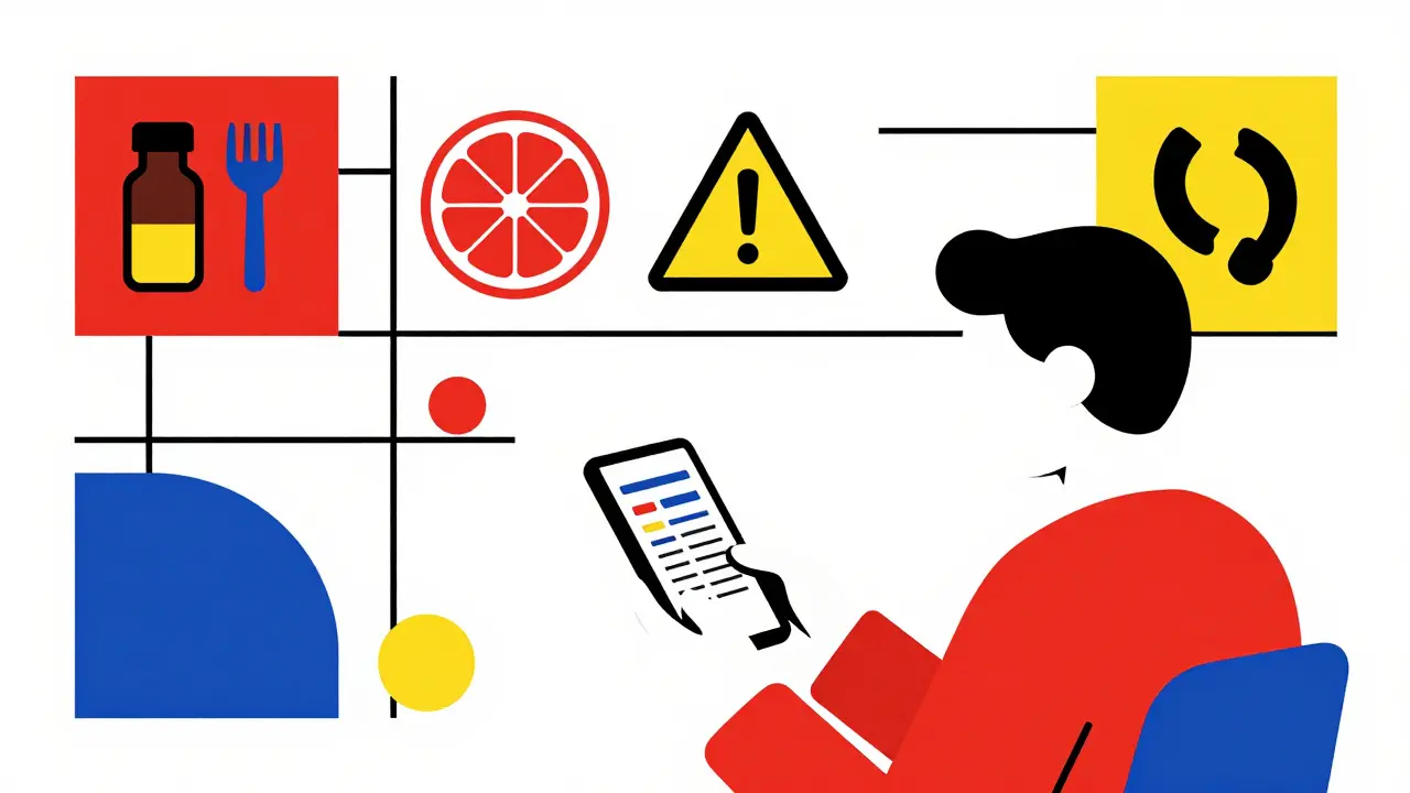 Person reviewing medication safety points on phone with geometric icons