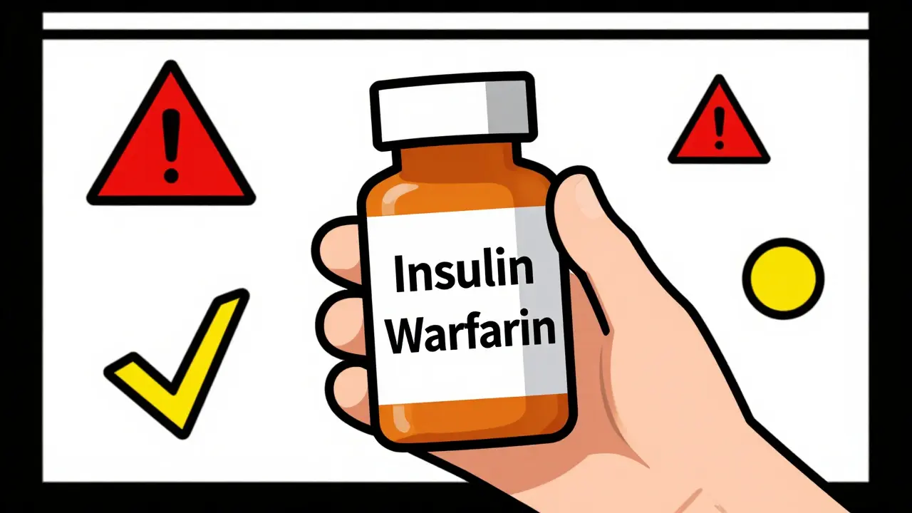 Pill bottle labeled with high-alert drugs surrounded by warning symbols in bold abstract shapes.