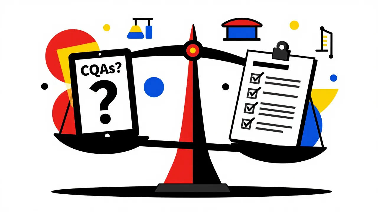 Risk assessment scale balancing tablet quality against checklist items in primary colors.