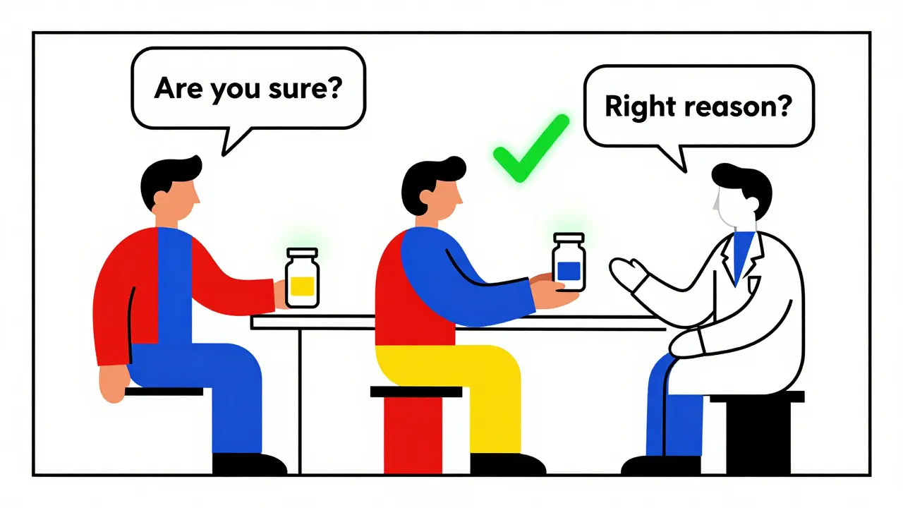 Three abstract figures exchanging medication with checkmark and safety questions in De Stijl style.