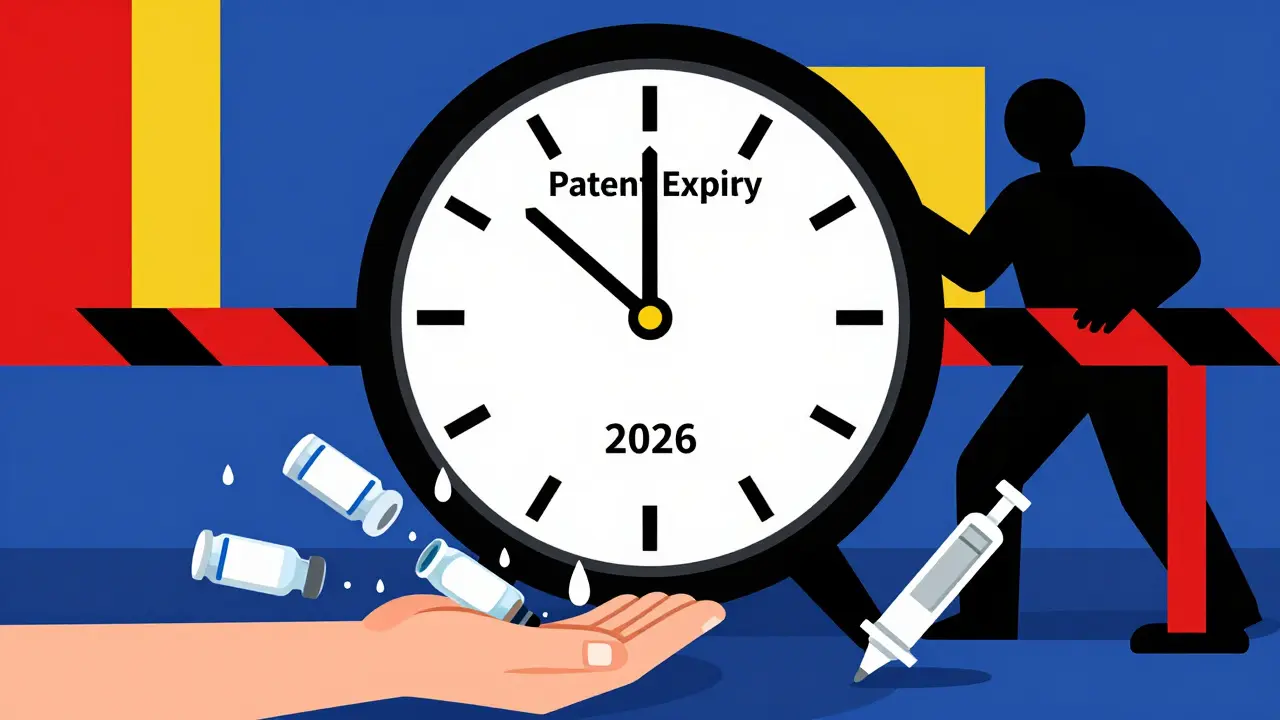 A clock ticks to 2026 as biosimilars fall into a patient’s hands, while a shadowy figure blocks the flow.
