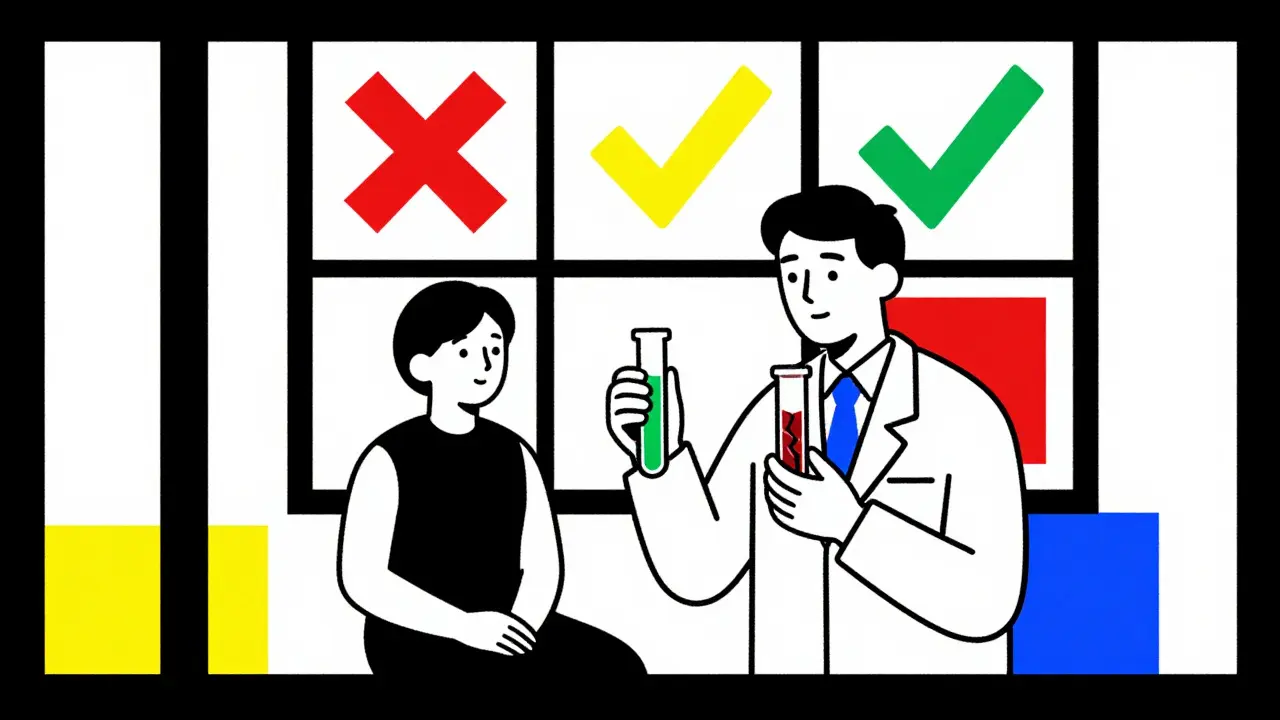 A doctor holding two test tubes representing normal and deficient TPMT, with dose adjustment options shown in a grid of colored squares.