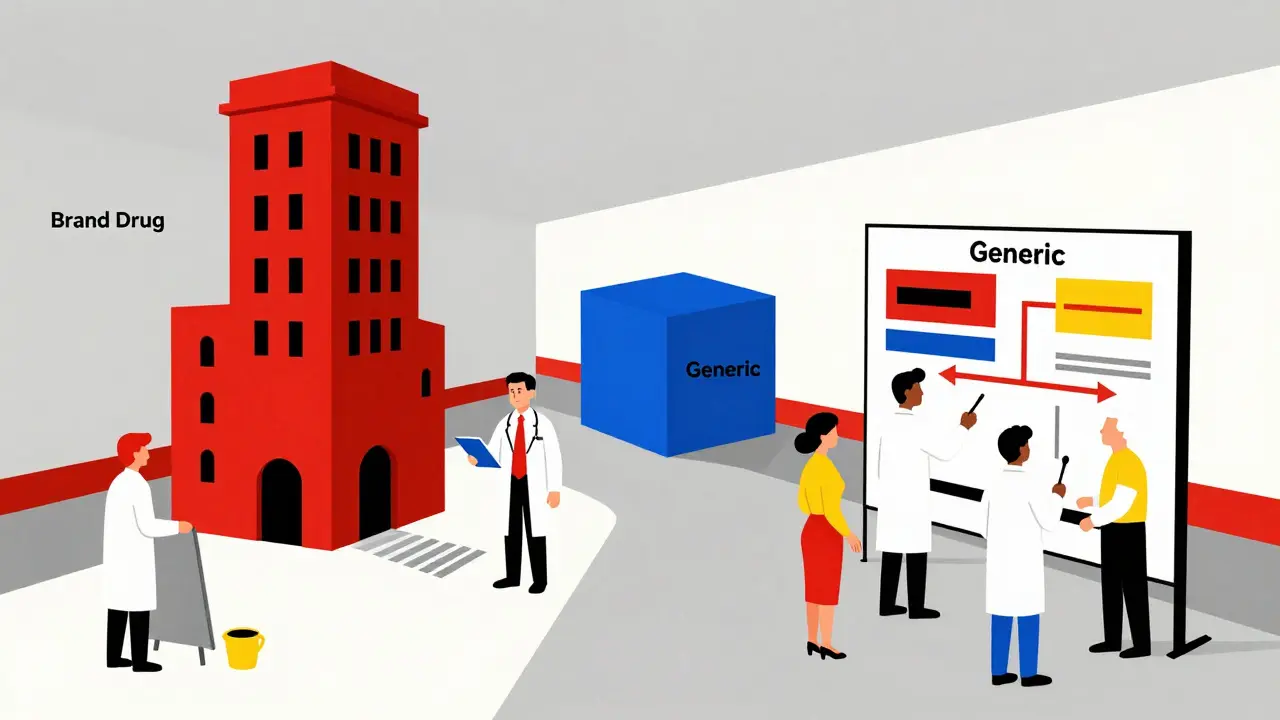 A hospital hallway splits into brand and generic drug paths, with staff working together on a cost-saving chart.