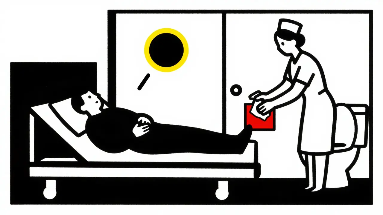A hospital room with C. diff spores near surfaces, and a nurse cleaning with bleach in De Stijl style.