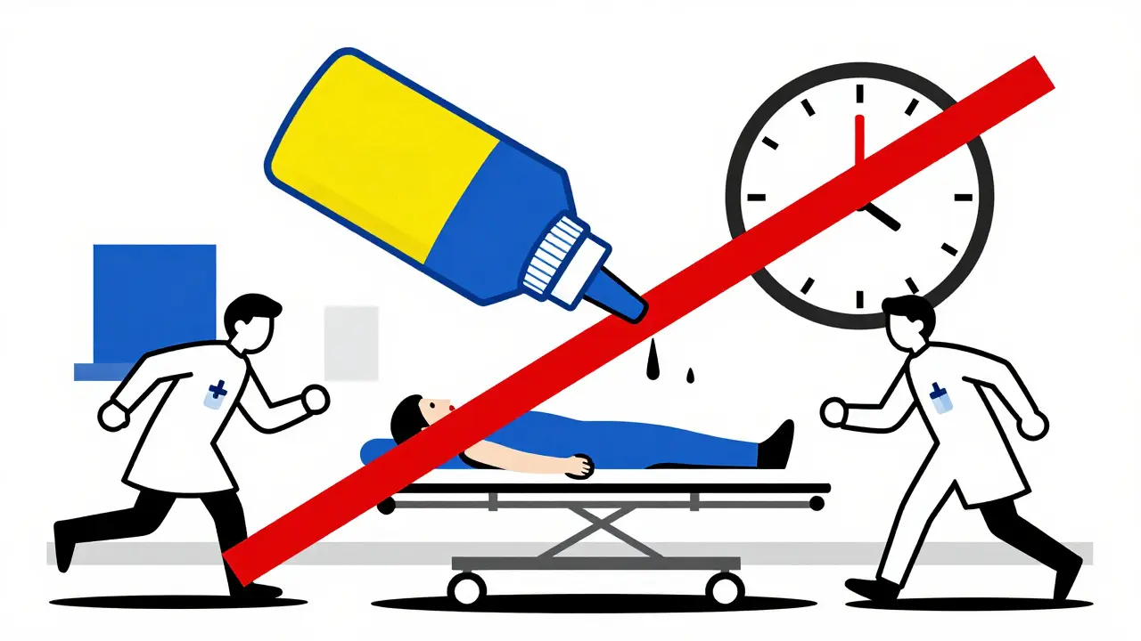 A hospital scene with a nasal spray alternative and a ticking clock, rendered in De Stijl geometric abstraction.