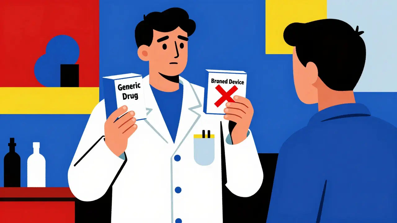 A pharmacist holds separate generic drug and branded device boxes with a red X, while a patient looks confused.