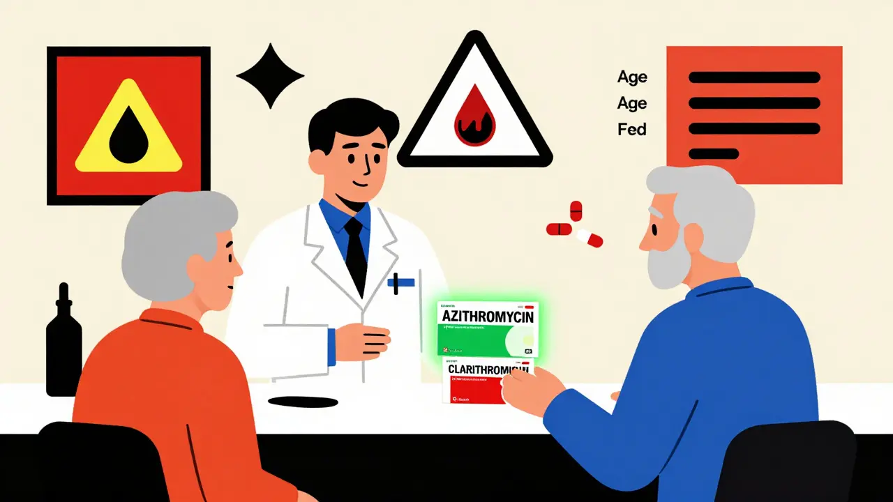 A pharmacist swaps clarithromycin for azithromycin at a pharmacy, with abstract warning shapes in the background.