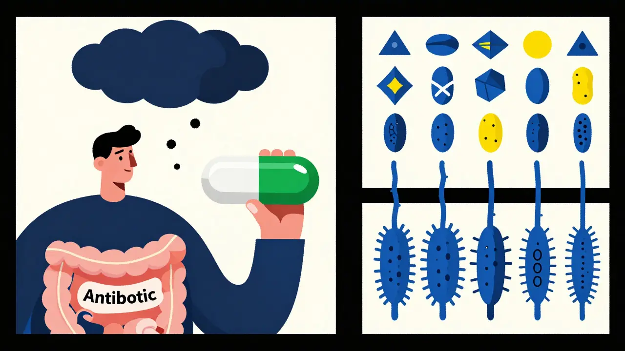 A split scene showing antibiotic use leading to infection versus FMT restoring healthy gut bacteria.