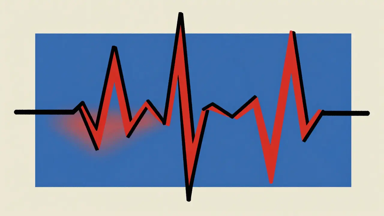 Abstract art showing irregular heartbeat lines in bold primary colors and black grid structure.