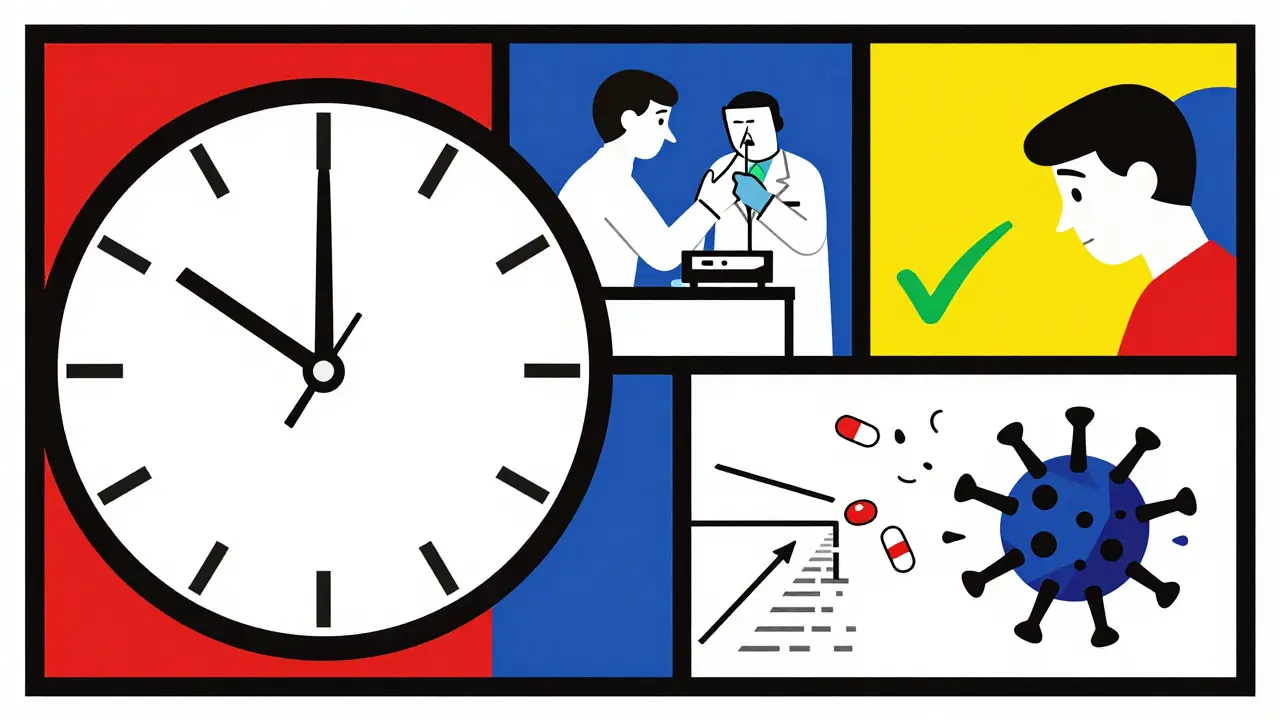 Clock with four panels showing infection diagnosis, antibiotic misuse, and phage therapy in De Stijl geometric style.
