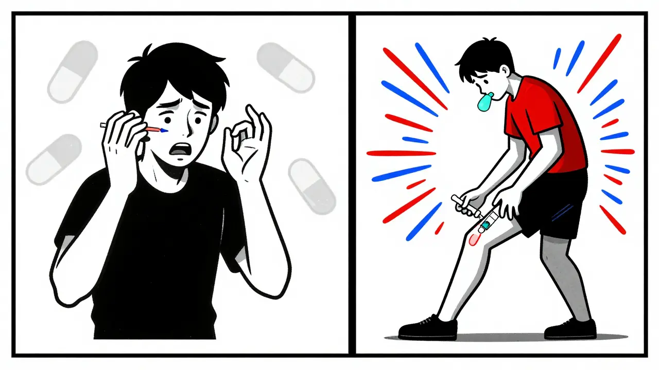 Contrasting hesitation and action in anaphylaxis response using primary colors and strict lines in De Stijl style.